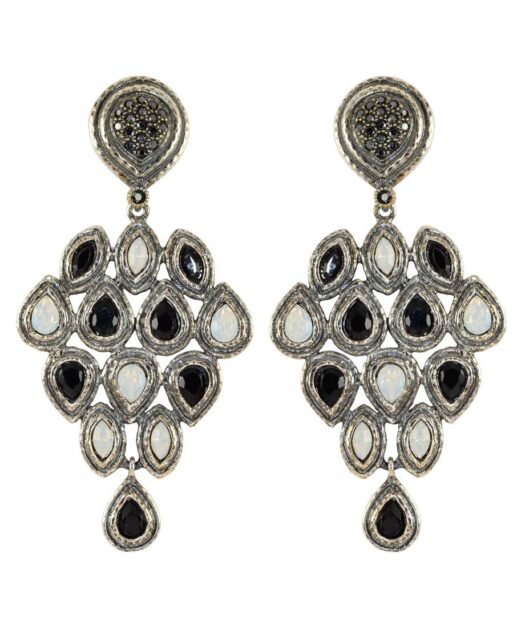 Pendientes colgantes plata vieja con cristales blancos y negros