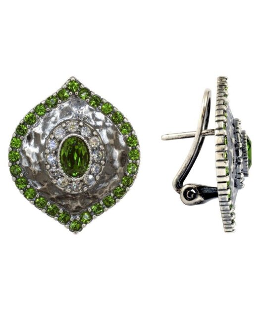 Pendientes cortos etruscos de plata rodinada con cristales verdes