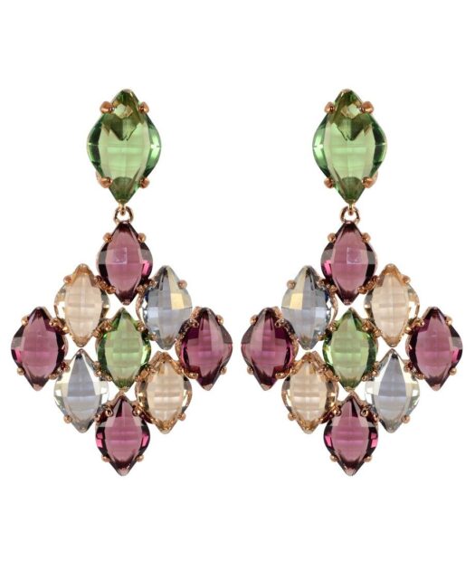 Pendientes cristales facetados de colores en plata de ley con baño de oro