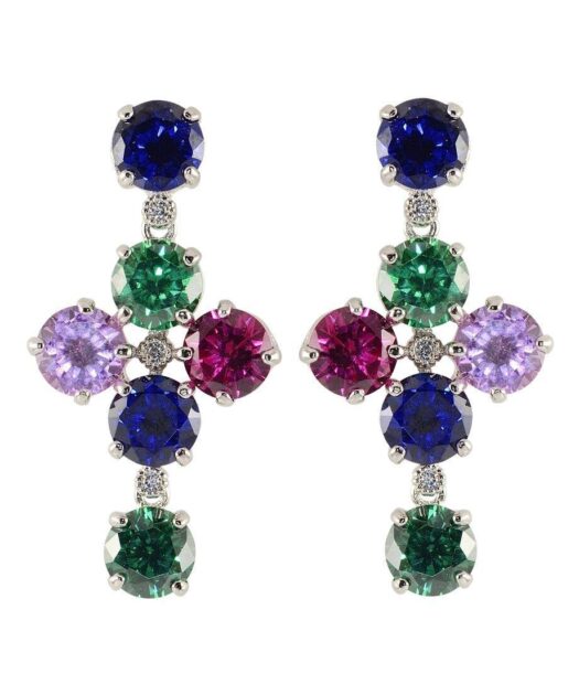 Pendientes cruz de circonitas de colores fabricados en plata de ley