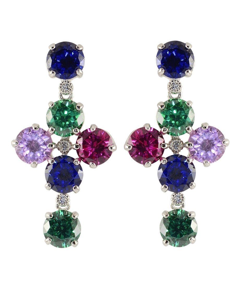 Pendientes cruz de circonitas de colores fabricados en plata de ley