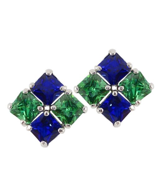 Pendientes cuadrados circonitas verdes y azules de plata rodiada