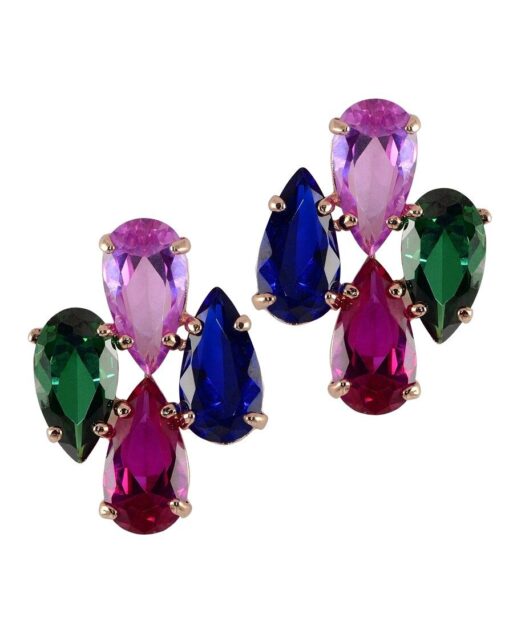 Pendientes cuatro circonitas colores de plata bañada en oro rosa