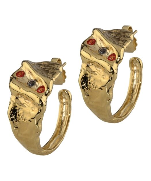 Pendientes de aro en bronce con tres cristales y baño de oro amarillo