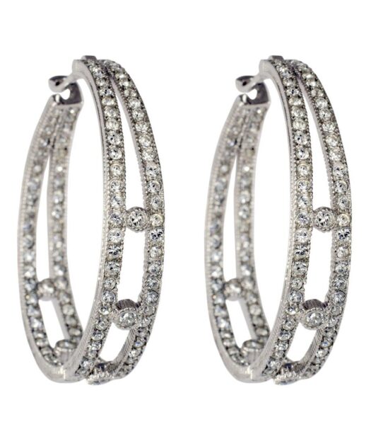Pendientes de doble aro plata rodinada con cristales Swarovski blancos