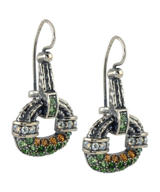 Pendientes de gancho plata martelé con cristales verdes y dorados