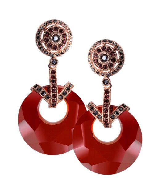 Pendientes discos rojos Swarovski de plata bañada en oro rosa