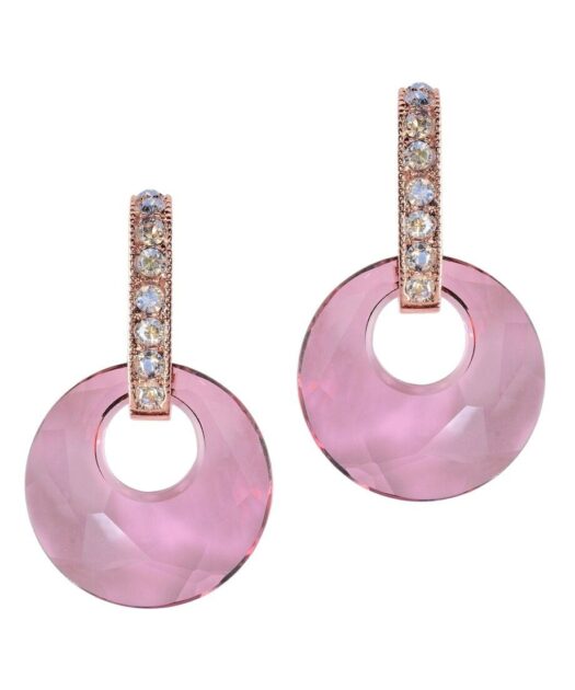 Pendientes discos rosas de plata bañada en oro rosa con Swarovski Elements