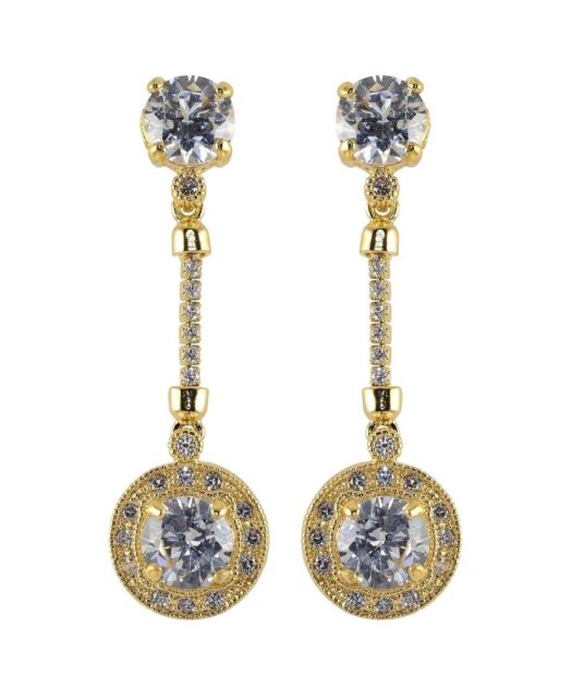 Pendientes finos y largos circonitas blancas de plata bañada en oro amarillo