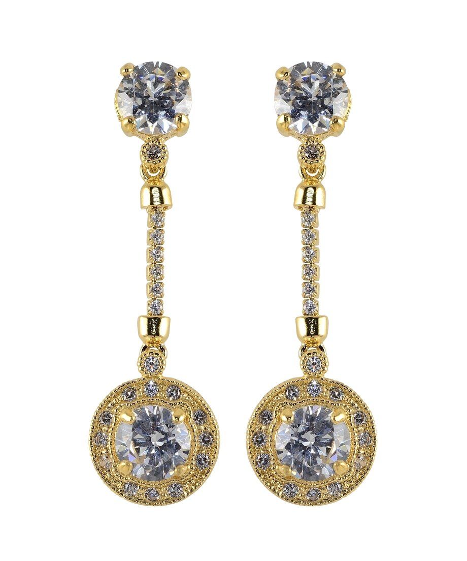 Pendientes finos y largos circonitas blancas de plata bañada en oro amarillo