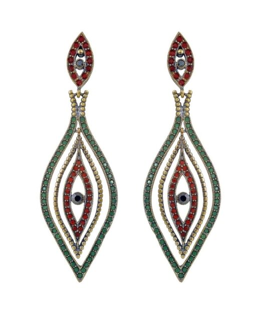 Pendientes grandes granates y verdes de plata bañada en oro con Swarovski Elements