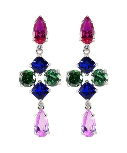 Pendientes largos circonitas multicolor de plata bañada en rodio