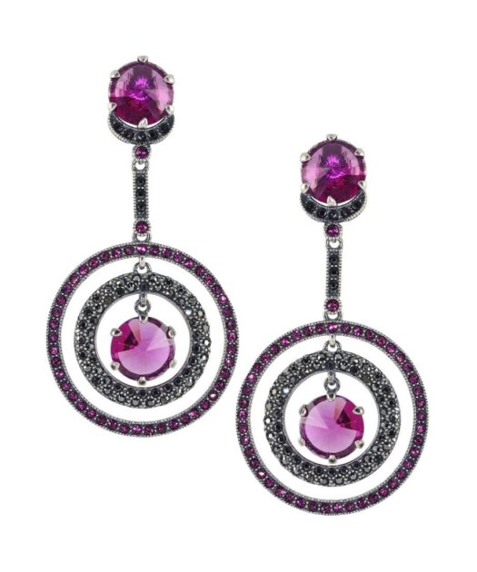 Pendientes largos circulares de color morado con Swarovski Elements de plata de ley