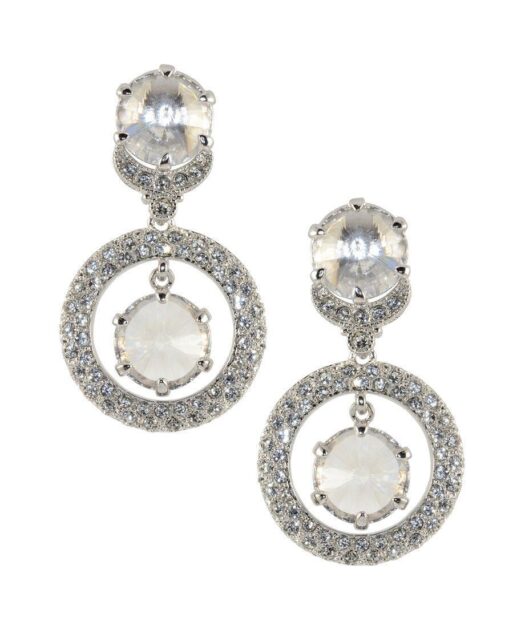 Pendientes largos círculos blancos de plata rodinada con cristales Swarovski