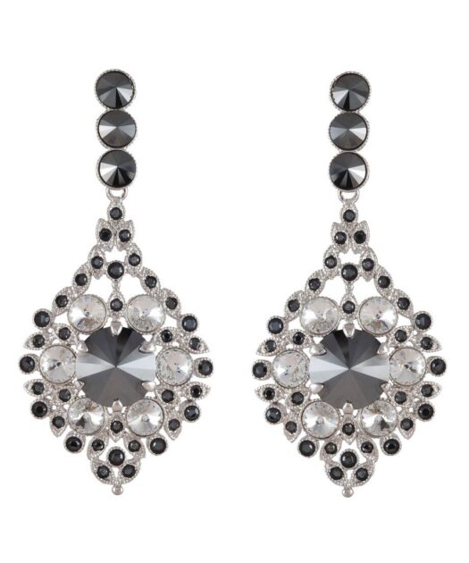 Pendientes largos con círculos negros y blancos Swarovski de plata de ley