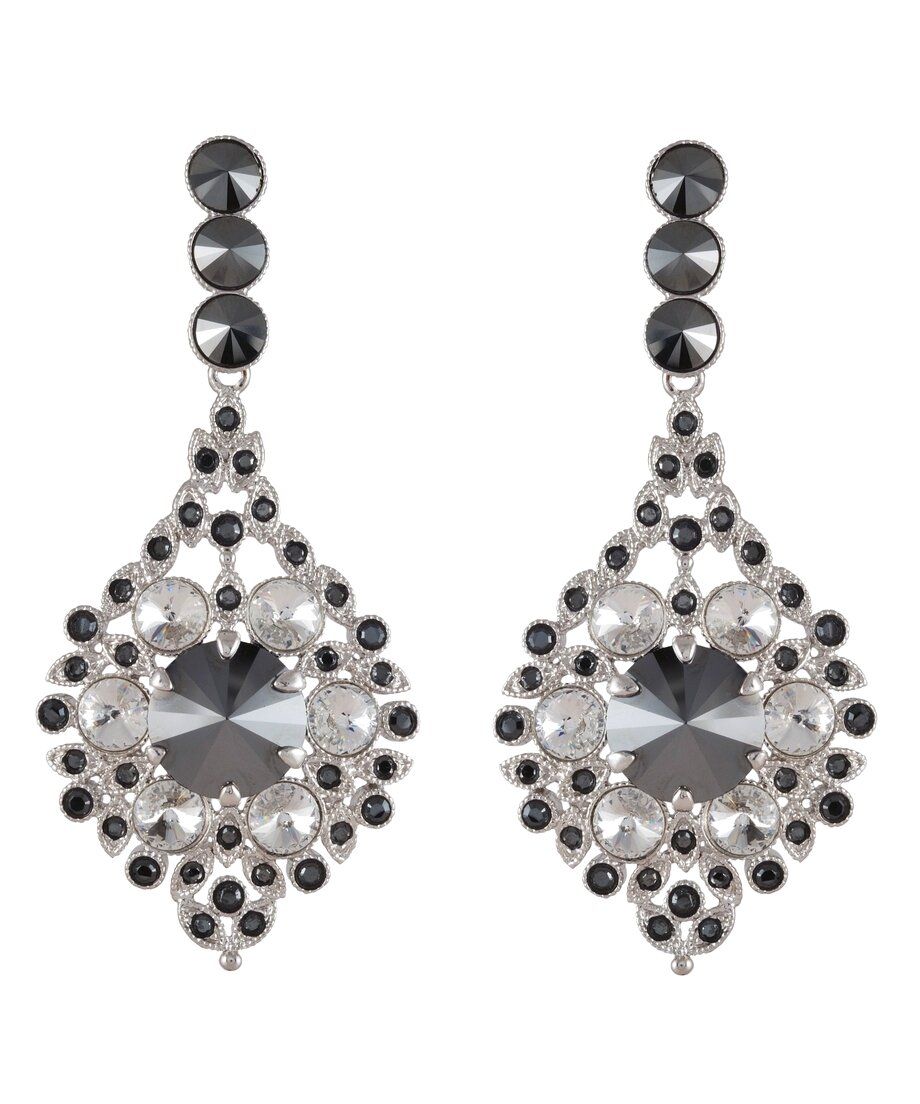 Pendientes largos con círculos negros y blancos Swarovski de plata de ley