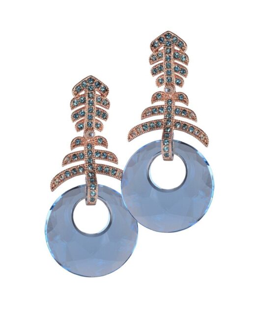 Pendientes largos discos azules de plata bañada en oro rosa con Swarovski Elements y cierre omega
