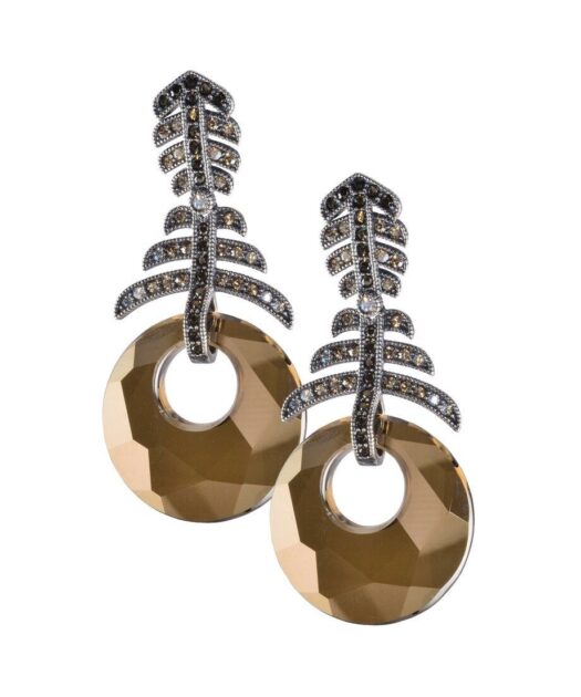 Pendientes largos discos marrones Swarovski En plata de ley envejecida con cierre omega