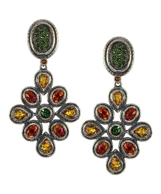 Pendientes largos plata vieja multicolor con Swarovski Elements