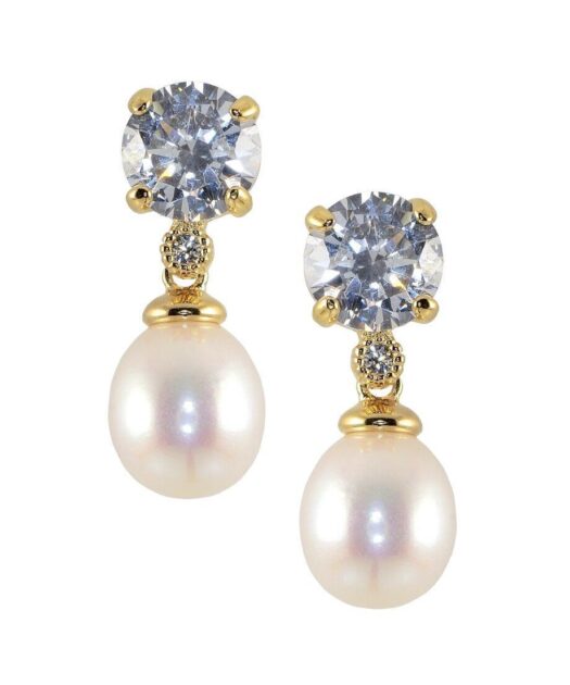 Pendientes oro amarillo circonita y perla de plata de primera ley