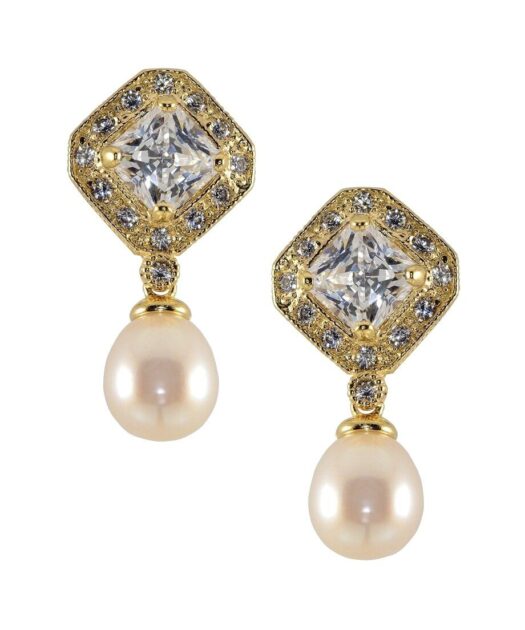 Pendientes oro amarillo circonitas y perla fabricados en plata de primera ley