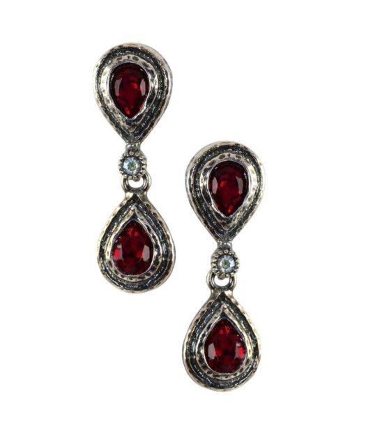 Pendientes plata vieja dobles rojo rubí con dos cristales Swarovski