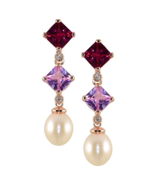 Pendientes rosas circonitas y perlas de plata bañada en oro rosa