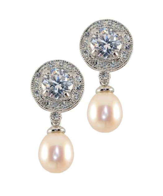 Pendientes roseta circonitas blancas y perla de plata de ley rodinada