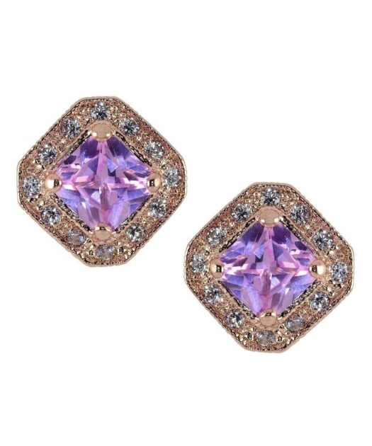 Pendientes roseta circonitas malvas de plata bañada en oro rosa