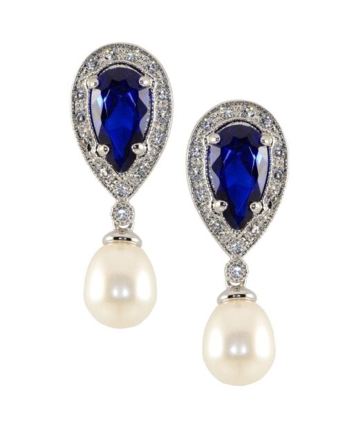 Pendientes roseta circonitas y perla de plata rodinada