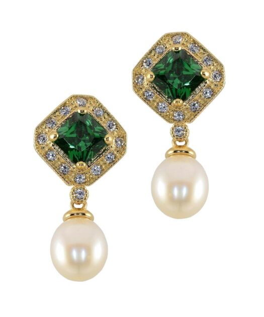 Pendientes verdes perla y circonitas de plata bañada en oro amarillo