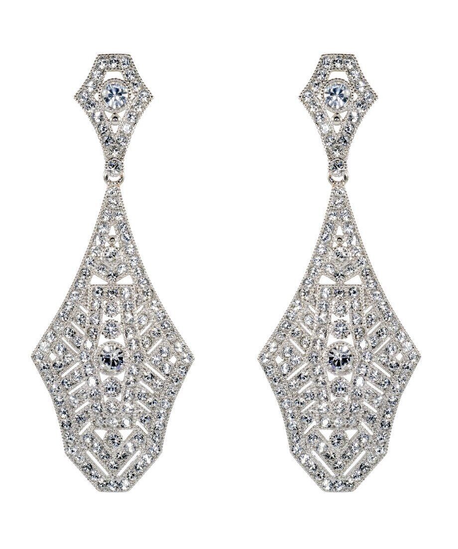 Pendientes largos vintage novia de plata bañada en rodio con cristales blancos Pendientes vintage grandes novia de plata de ley rodinada con Swarovski