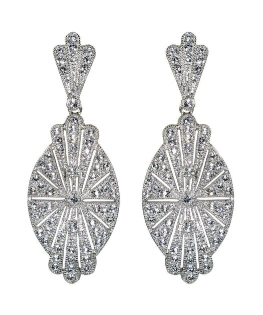 Pendientes vintage largos para novia de plata de ley rodinada con cristales brillantes