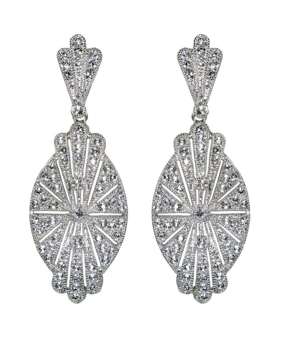 Pendientes vintage largos para novia de plata de ley rodinada con cristales brillantes Pendientes vintage largos para novia de plata de ley rodinada con cristales brillantes