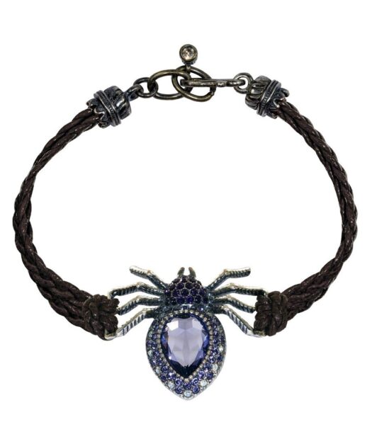 Pulsera Araña de cuero, plata y cristales de Swarovski en tonos morados de la colección de Máximo Betro. Joyería Turón, tienda online.