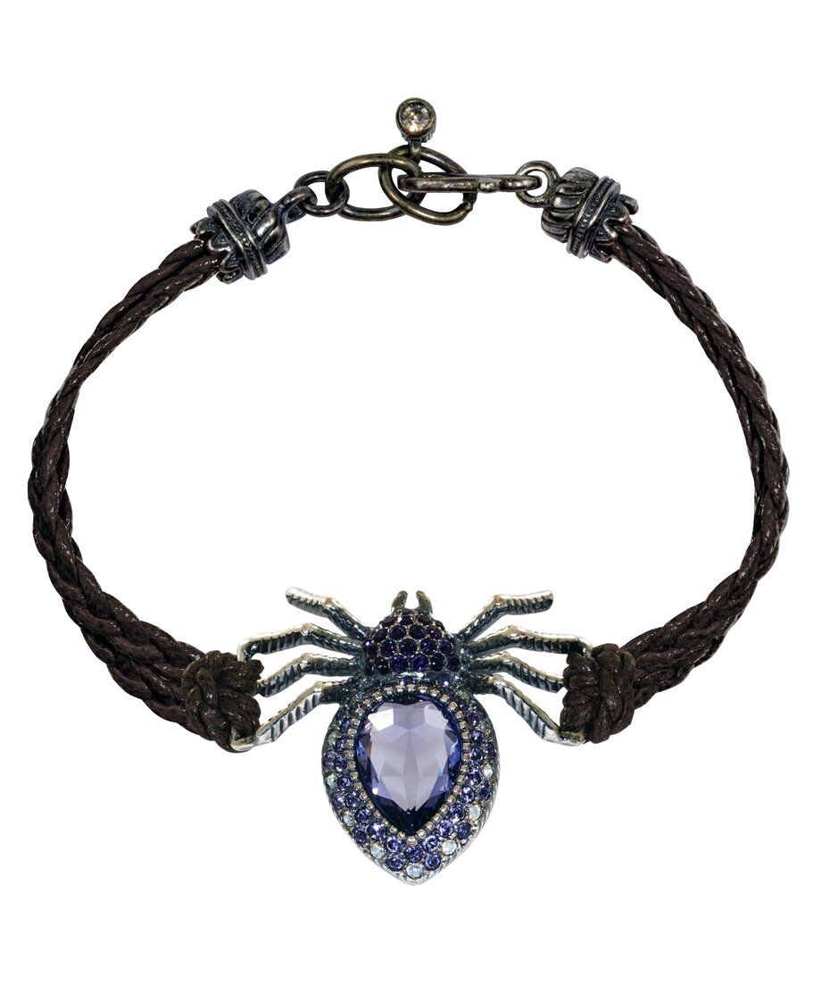 Pulsera Araña de cuero, plata y cristales de Swarovski en tonos morados de la colección de Máximo Betro. Joyería Turón, tienda online.