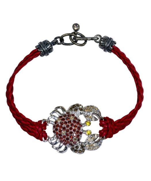 Pulsera Cangrejo de plata de ley con un cordón de cuero rojo