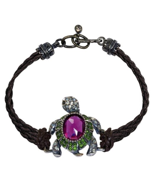 Pulsera Tortuga de cuero, plata y cristales de Swarovski en diversos tonos