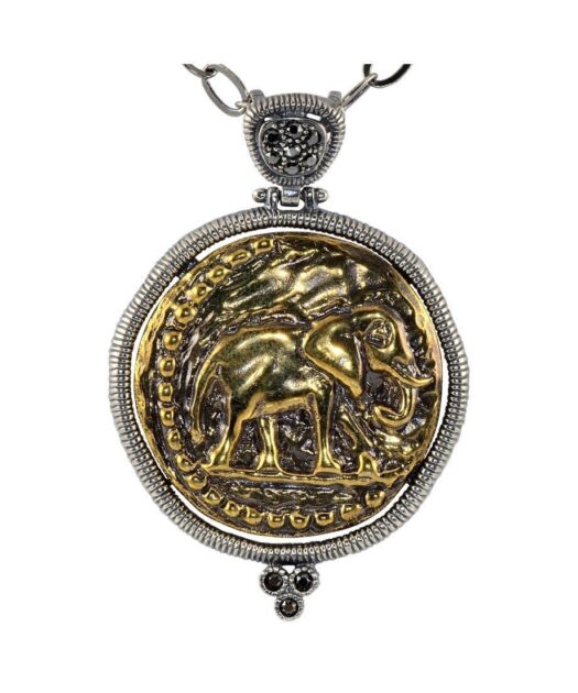 Colgante moneda antigua con un elefante de plata de primera ley y bronce