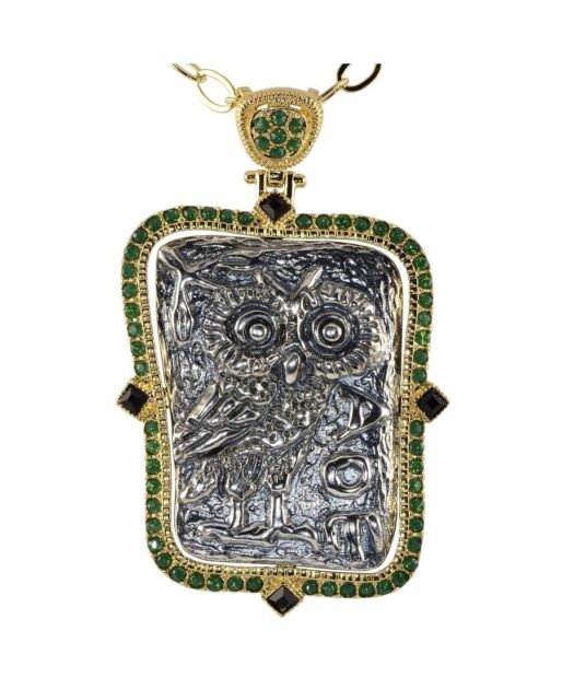 Colgante moneda búho de forma rectangular fabricado en plata y bronce