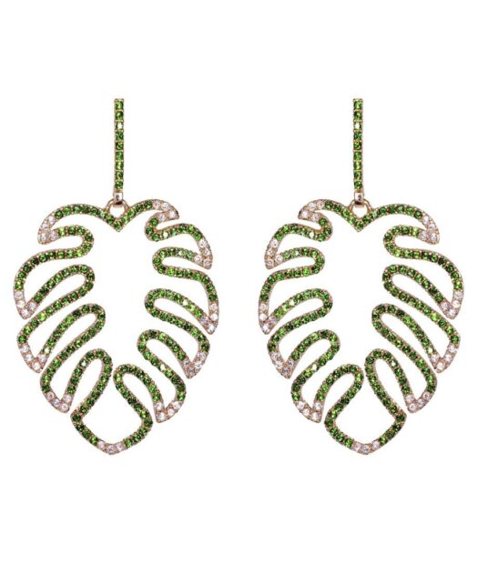 Pendientes de hoja verde y blanca en plata con cristal Swarovski