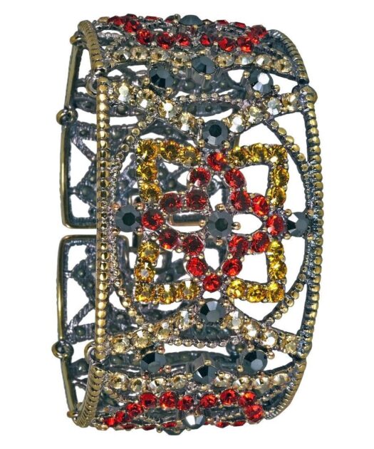 Brazalete ancho oro vintage de plata con cristales rojos y amarillos