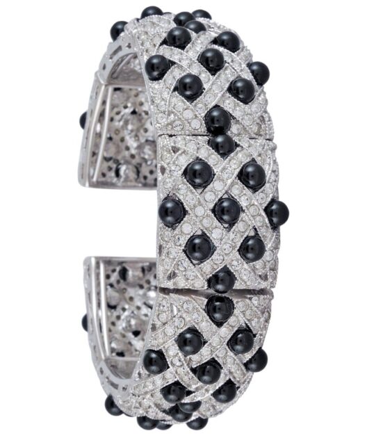 Brazalete plata con perlas negras y cristales Swarovski blancos