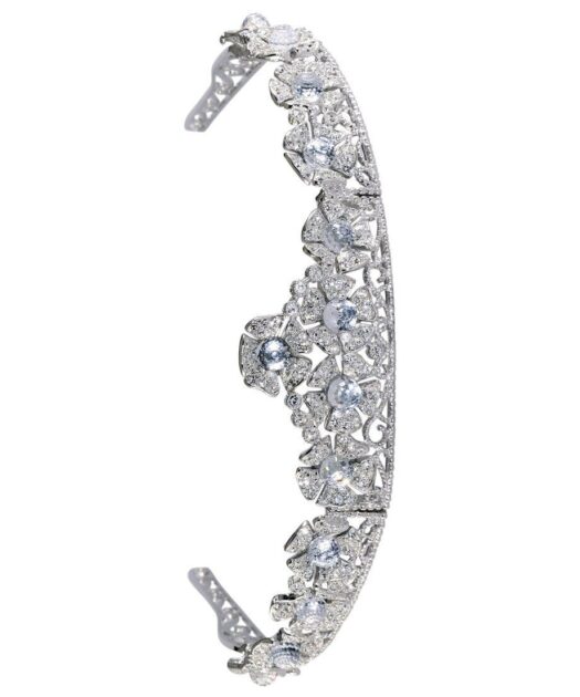 Tiara flores novia de plata rodinada con cristales Swarovski brillantes