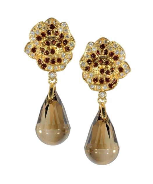 Pendientes Flor con cristal Swarovski de lágrima marrón de plata de primera ley bañada en oro brillo