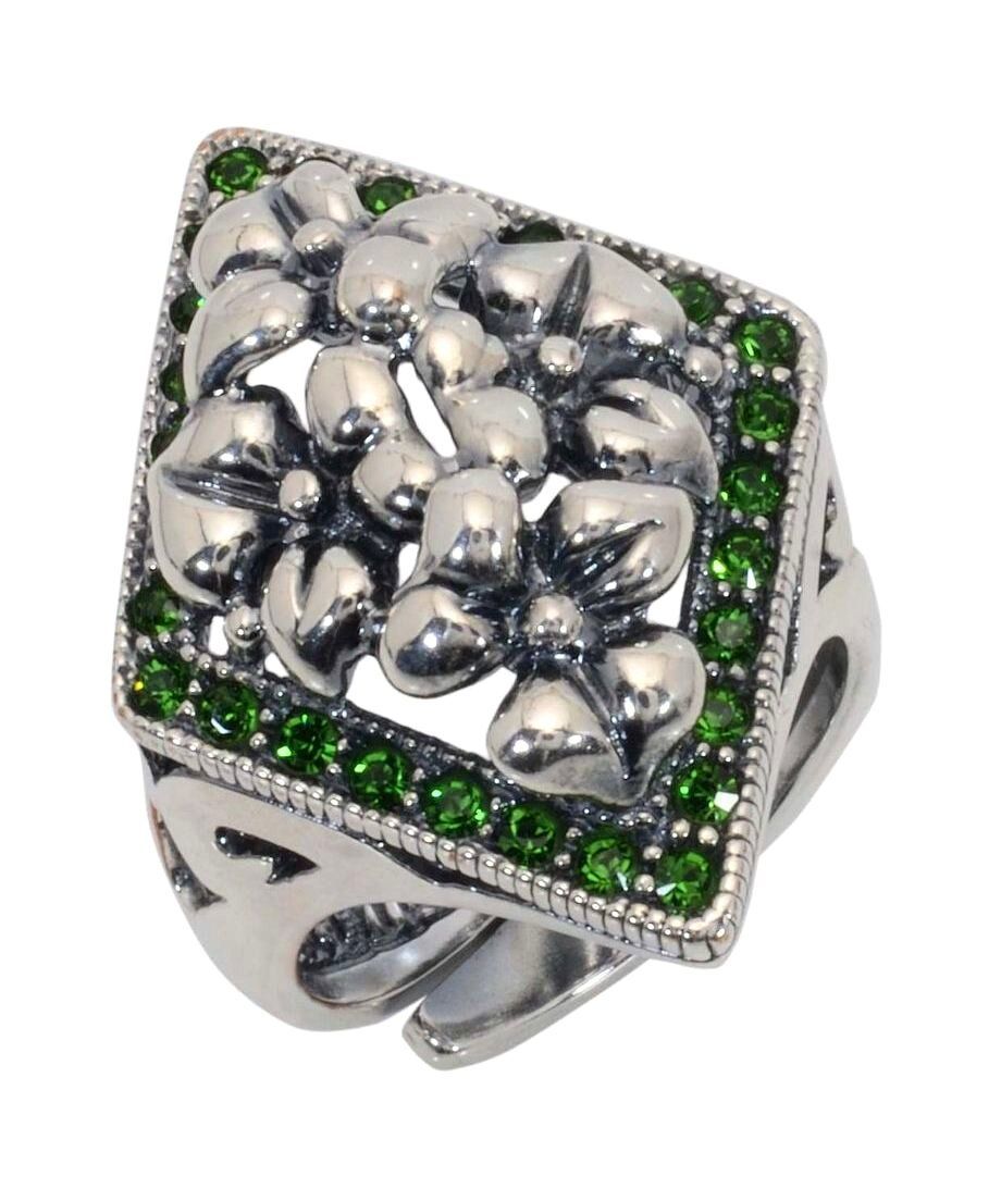 Anillo cuatro flores de plata rodinada con cristales verdes