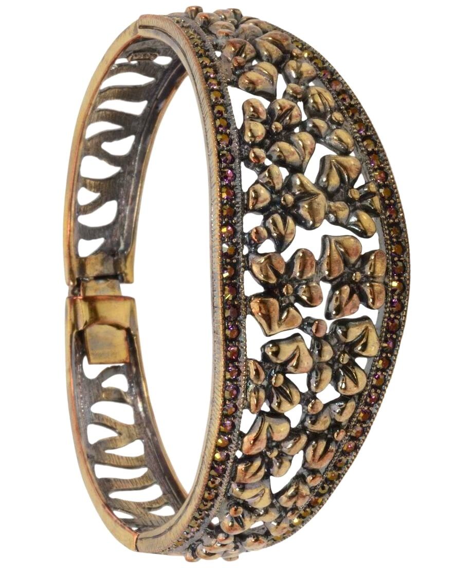 Brazalete de flores vintage de plata de ley con un baño de oro