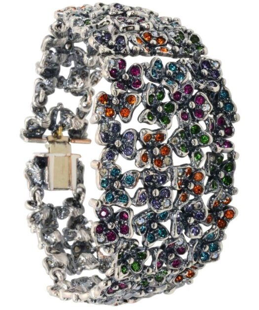 Brazalete flores de plata con cristales Swarovski y baño de rodio