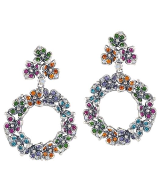 Pendientes de aro con flores de colores en plata rodinada con Swarovski Elements