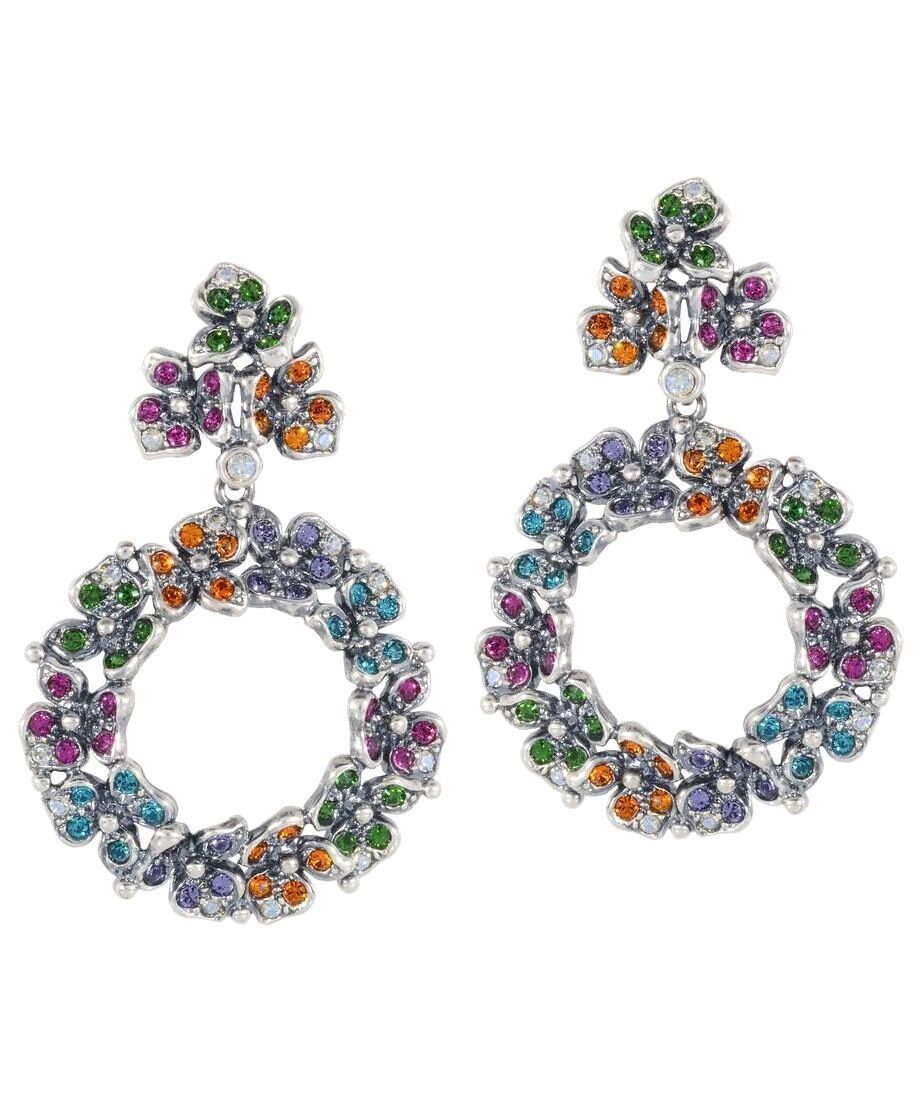 Pendientes de aro con flores de colores en plata rodinada con Swarovski Elements